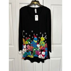 Mac Belle Long Sleeve Black Christmas Cat Snowflake Print Tunic Top Womens Small